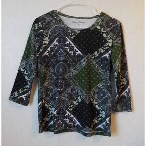 Rebecca Malone Green Top Bohemian Print Half Sleeve Casual Stretch Women Small